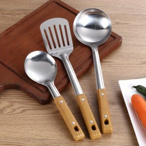 1710466409334-6853f3c6f0e64a6ab44cfd2e2c3310be-goods 5pcs/set Stainless Steel Cookware with Wooden Handles - Durable Camping Utensils Kit - Soup Spoon, Colander, Rice Scoop, Filter - Perfect for Outdoor Adventures, Picnics - Stylish & Rust-resistant