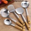 5pcs/set Stainless Steel Cookware with Wooden Handles - Durable Camping Utensils Kit - Soup Spoon, Colander, Rice Scoop, Filter - Perfect for Outdoor Adventures, Picnics - Stylish & Rust-resistant