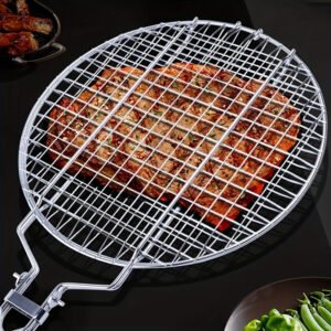 233c18c5-90e5-4756-a438-c98a3a3b5eff-1 1pc, Stainless Steel Folding Barbecue Net Clip, Round Grill Net, Removable Grill Basket, Barbecue Cage Grill Fish Net, Kitchen Supplies, Kitchen Accessories, BBQ Accessories