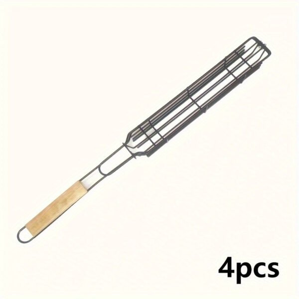 2/4pcs, Kebab Grilling Basket, Portable Stainless Steel Kebab Barbecue Grilling Basket, Hot Dog Barbecue Cage, Sausage Grill Tongs, Barbecue Tongs With Wooden Handle, Kebab Grilling Basket, Nonstick Kabob Grilling Baskets, BBQ Tool, BBQ Accessaries