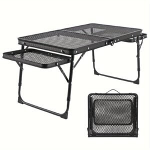 5a4f2b66-cfb8-4dcc-9bae-fa1bfecb39a5 Folding Table with 2 Wing Panels, Camping Table with Mesh Desktop, Height Adjustable Folding Grill Table, Portable Outdoor Table for Picnic, Camping, BBQ, Beach
