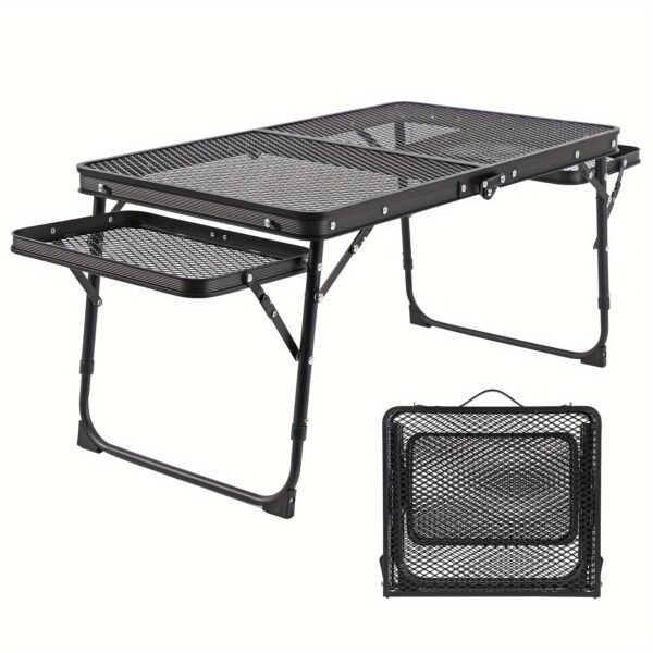 Folding Table with 2 Wing Panels, Camping Table with Mesh Desktop, Height Adjustable Folding Grill Table, Portable Outdoor Table for Picnic, Camping, BBQ, Beach