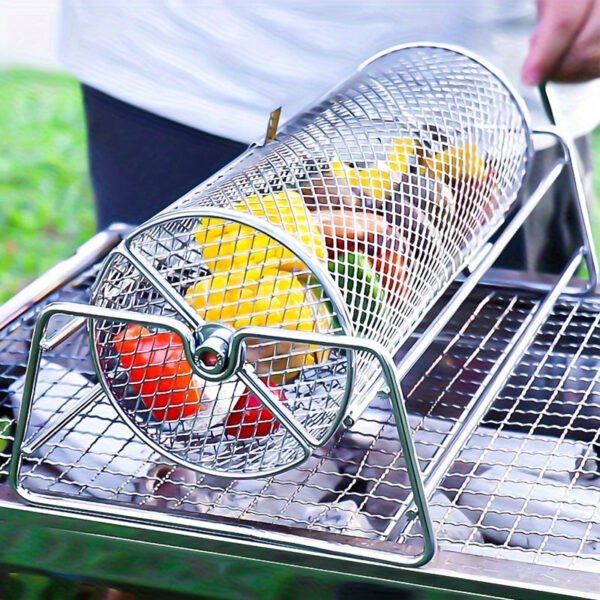 Stainless Steel Portable BBQ Grill Basket, Round Rotatable Barbecue Smoker Cage for Camping & Hiking, Uncharged Easy-Open Grilling Accessory, Ideal for Valentine's Day, Easter, Independence Day - 1 Pack