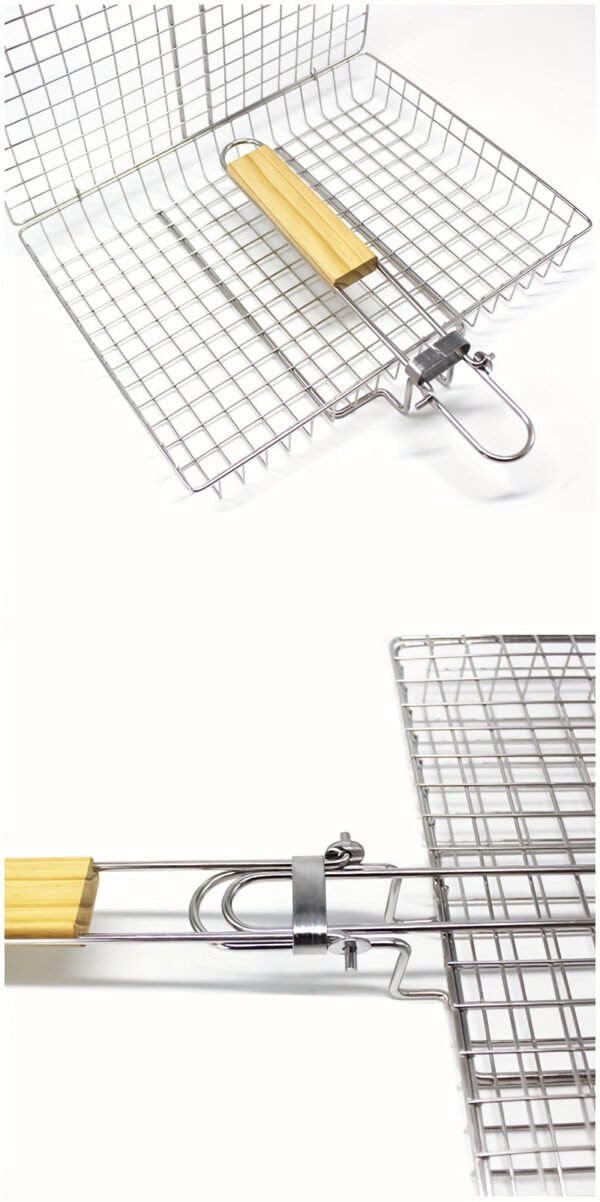 Adjustable 3-Section Metal Grill Basket with Detachable Wooden Handle - Versatile BBQ Cage for Grilling & Baking, Heavy-Duty Barbecue Turner Tool