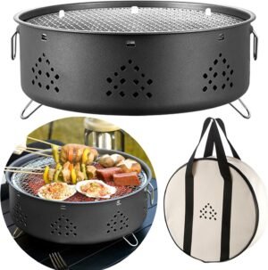 71S05n5LewL._AC_SL1500 12 Inch Portable Barbecue Charcoal Grill for Camping, Small/Mini Round BBQ Stainless Stove with Folding legs & Carry Bag for Outdoor Cooking, Picnic, Hiking, Fishing & Party Black