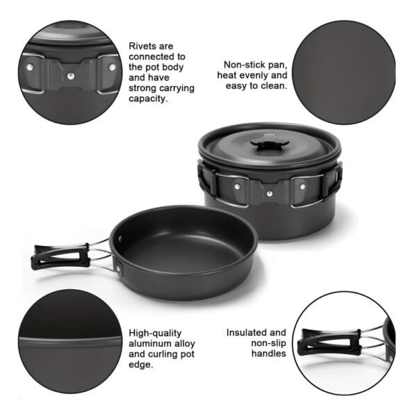 1set, Camping Pot And Pan Set For 2-3 People Use, Portable Cookware Tableware Set With Cooking Pot, Frying Pan, Kettle, Knives And Forks