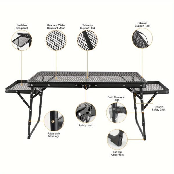Folding Table with 2 Wing Panels, Camping Table with Mesh Desktop, Height Adjustable Folding Grill Table, Portable Outdoor Table for Picnic, Camping, BBQ, Beach