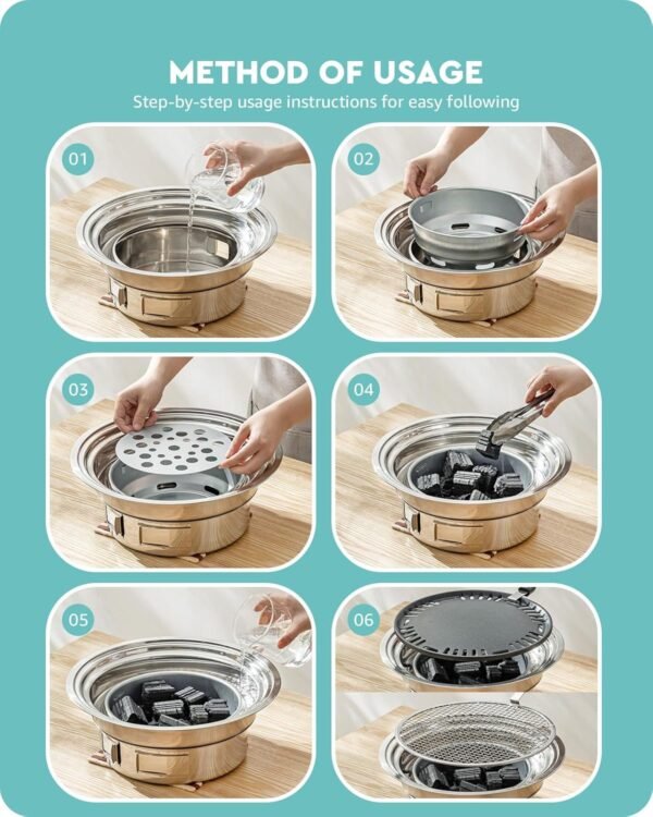 Charcoal Grill Korean Barbecue Grill Portable Stainless Steel Non-stick Charcoal Stove for Outdoor Camping BBQ Grill 13.7 inches Small Grill Outdoor Cooking