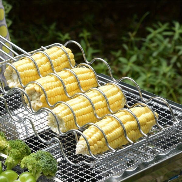 Stainless Steel BBQ Grill Basket for Corn, Fish, Vegetables, Steak, Meat, and Shrimp - Portable Barbecue Rack Accessory with Wooden Handle - Grilling Cage for Outdoor Cooking, Pack of 1