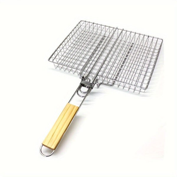 Adjustable 3-Section Metal Grill Basket with Detachable Wooden Handle - Versatile BBQ Cage for Grilling & Baking, Heavy-Duty Barbecue Turner Tool