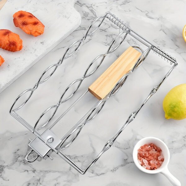 Stainless Steel BBQ Grill Basket for Corn, Fish, Vegetables, Steak, Meat, and Shrimp - Portable Barbecue Rack Accessory with Wooden Handle - Grilling Cage for Outdoor Cooking, Pack of 1