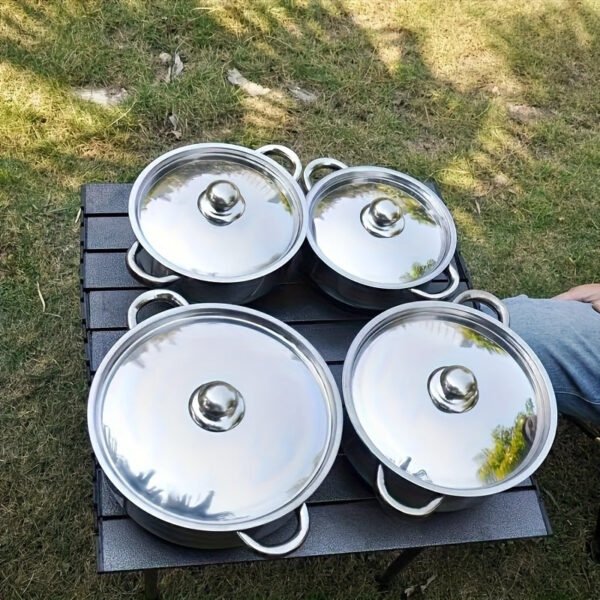 4-Piece Stainless Steel Cooking Pot Set - 410 Grade, Durable 0.5mm Thickness, Uncharged, with Lids & Handles, No Flint, Ideal for Ramadan Decoration & Camp Kitchen Essentials