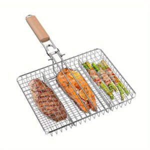 b0886c97-eb8f-458c-af76-3bd2b4aab6c0 Adjustable 3-Section Metal Grill Basket with Detachable Wooden Handle - Versatile BBQ Cage for Grilling & Baking, Heavy-Duty Barbecue Turner Tool