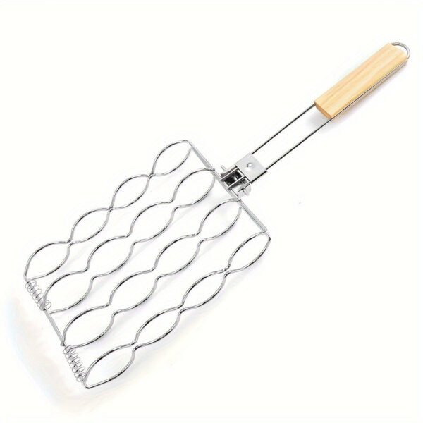 Stainless Steel BBQ Grill Basket for Corn, Fish, Vegetables, Steak, Meat, and Shrimp - Portable Barbecue Rack Accessory with Wooden Handle - Grilling Cage for Outdoor Cooking, Pack of 1