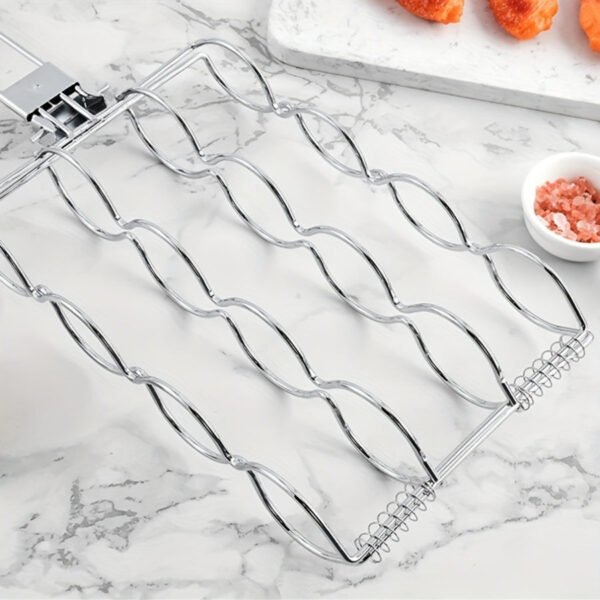 Stainless Steel BBQ Grill Basket for Corn, Fish, Vegetables, Steak, Meat, and Shrimp - Portable Barbecue Rack Accessory with Wooden Handle - Grilling Cage for Outdoor Cooking, Pack of 1