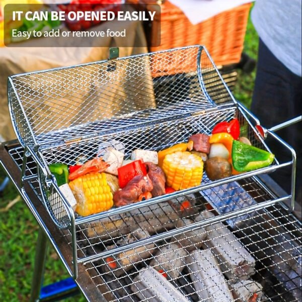 Stainless Steel Portable BBQ Grill Basket, Round Rotatable Barbecue Smoker Cage for Camping & Hiking, Uncharged Easy-Open Grilling Accessory, Ideal for Valentine's Day, Easter, Independence Day - 1 Pack