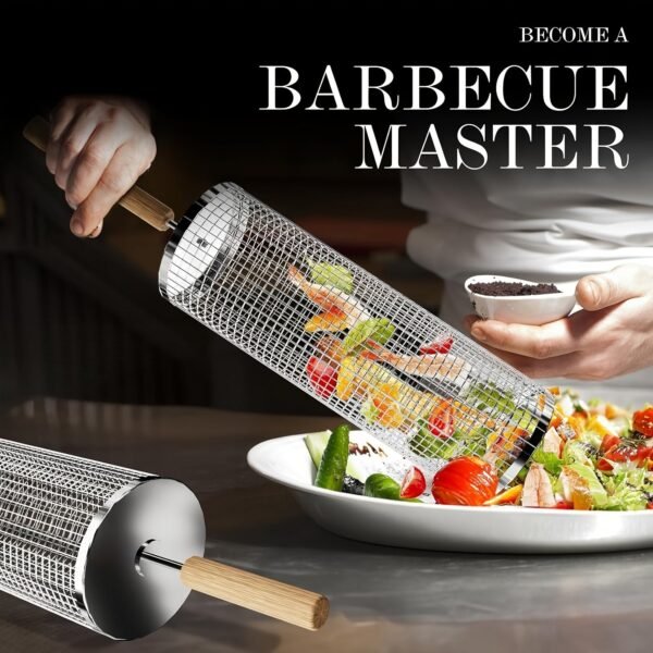 1pc Premium Nesting Grill Basket - Heavy-Duty, Durable Corrosion-Resistant 304 Stainless Steel with Ergonomic Wooden Grip, Easy-Foldable Grill Net for Even Cooking - Perfect for Grilling Seafood, Veggies, and More, Ideal Gift for Outdoor Enthusiasts, Perf