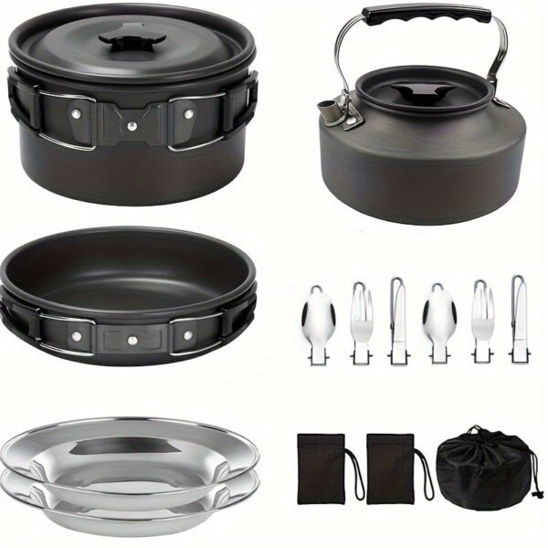 1set, Camping Pot And Pan Set For 2-3 People Use, Portable Cookware Tableware Set With Cooking Pot, Frying Pan, Kettle, Knives And Forks