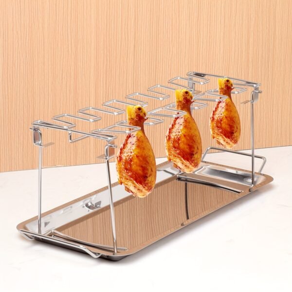 1set Stainless Steel Barbecue Grill Chicken Leg Rack + Tray Set/ Only 1pc Chicken Leg Rack, Outdoor Barbecue Rack Double-layer Vegetable Meat Rack, Kitchen Supplies, Kitchen Accessories, BBQ Accessories