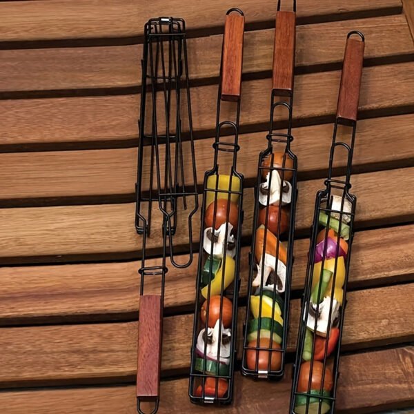 2/4pcs, Kebab Grilling Basket, Portable Stainless Steel Kebab Barbecue Grilling Basket, Hot Dog Barbecue Cage, Sausage Grill Tongs, Barbecue Tongs With Wooden Handle, Kebab Grilling Basket, Nonstick Kabob Grilling Baskets, BBQ Tool, BBQ Accessaries
