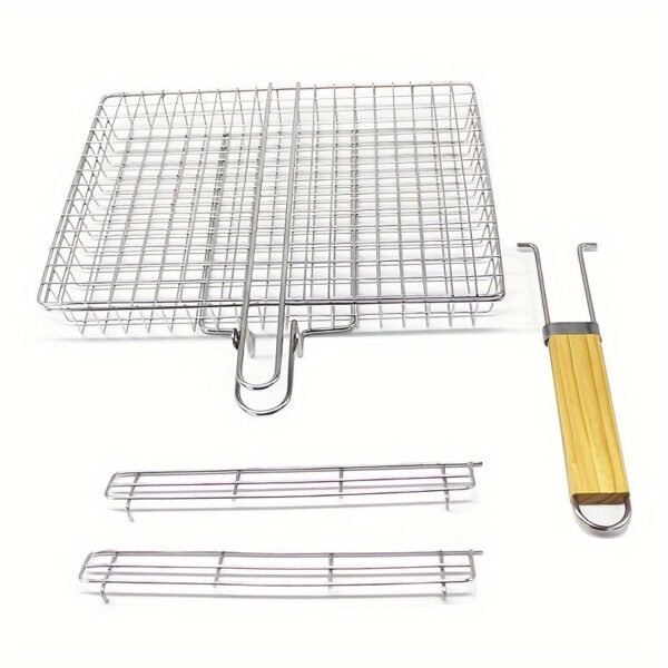 Adjustable 3-Section Metal Grill Basket with Detachable Wooden Handle - Versatile BBQ Cage for Grilling & Baking, Heavy-Duty Barbecue Turner Tool