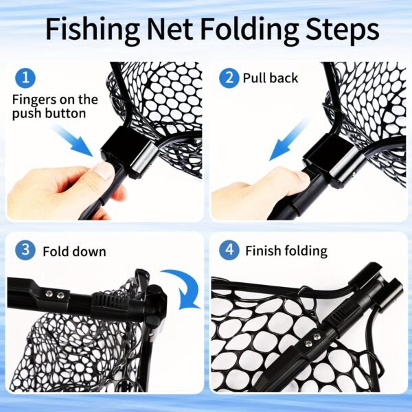 Fly Fishing Net Foldable Landing Net with Soft Rubber Mesh, Telescopic Handle for Trout and Bass