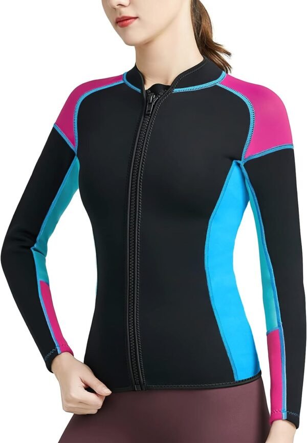 Women Wetsuit Top Swim Jacket Mens Youth Wet Suit Shirt 2mm Neoprene Thermal Swimsuit Front Zip Long Sleeve Cold Water Keep Warm Snorkeling Diving Surfing