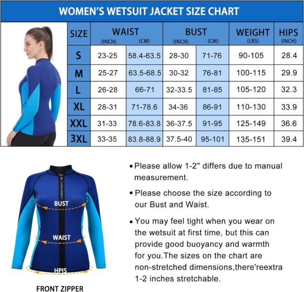 Women Wetsuit Top Swim Jacket Mens Youth Wet Suit Shirt 2mm Neoprene Thermal Swimsuit Front Zip Long Sleeve Cold Water Keep Warm Snorkeling Diving Surfing
