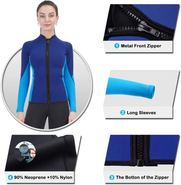 Women Wetsuit Top Swim Jacket Mens Youth Wet Suit Shirt 2mm Neoprene Thermal Swimsuit Front Zip Long Sleeve Cold Water Keep Warm Snorkeling Diving Surfing