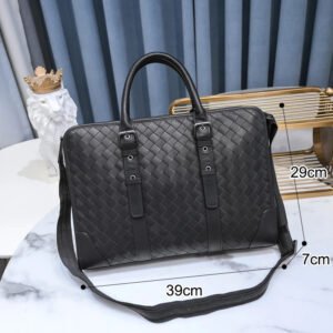 Men Fashion Leather Personality Woven Portable Briefcase Business Large Capacity Travel Black Zipper Laptop Bag for A4 Magazine
