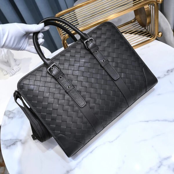 Men Fashion Leather Personality Woven Portable Briefcase Business Large Capacity Travel Black Zipper Laptop Bag for A4 Magazine